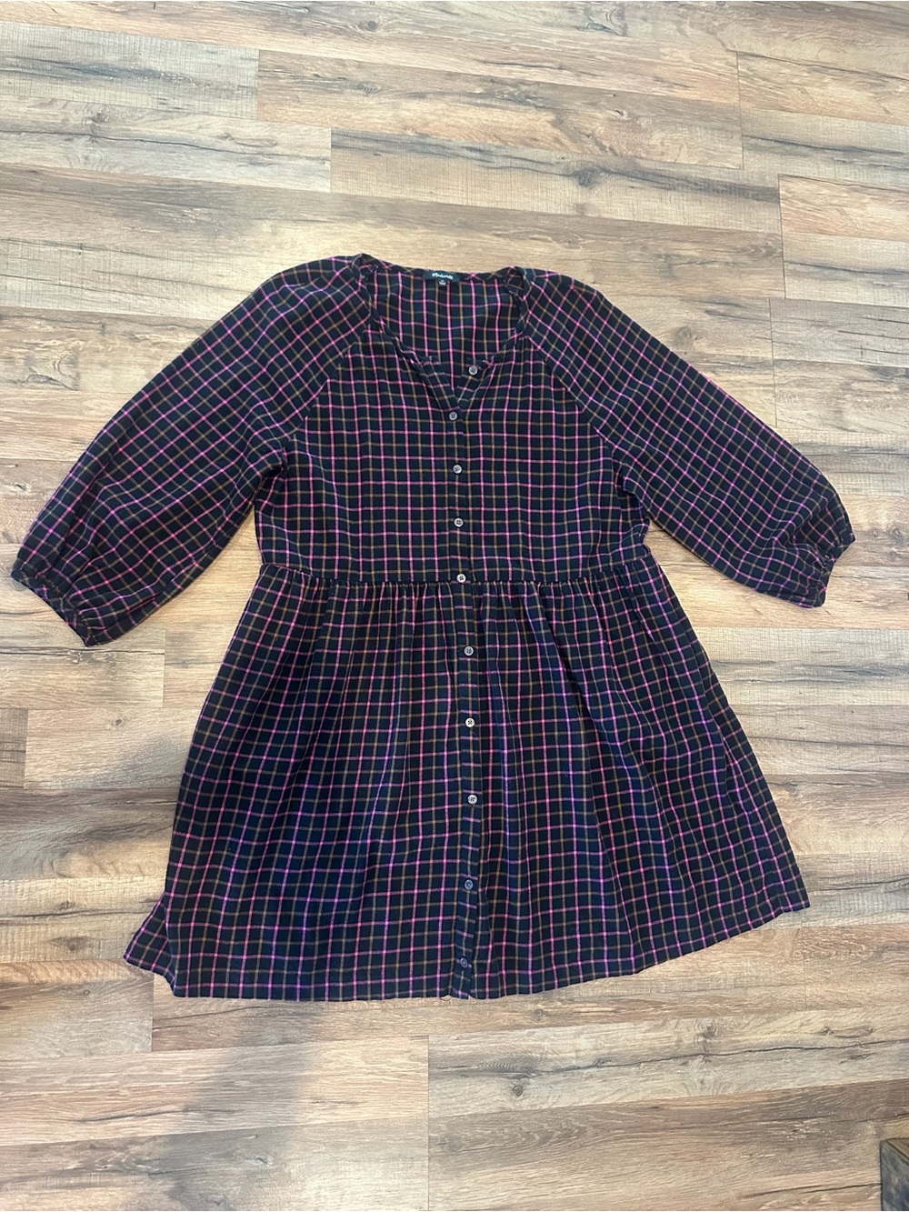 Madewell Black Plaid Button-Front Casual Dress with Pink Check